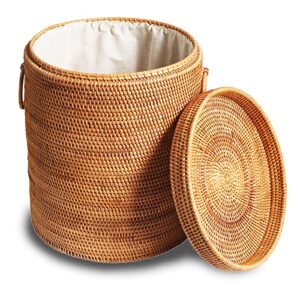 hqt rattan laundry hampers, premium honey brown round hand woven rattan hamper, waste basket with cotton liner, lid and handle for bedroom living room bathroom basket for dry and organic waste