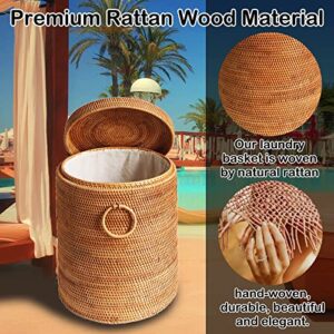 HQT Rattan Laundry Hampers, Premium Honey Brown Round Hand Woven Rattan Hamper, Waste Basket with Cotton Liner, Lid and Handle for Bedroom Living Room Bathroom Basket for Dry and Organic Waste