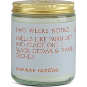 anecdote candles -two weeks notice glass jar candle - black cedar and vanilla oud - coconut soy wax – funny non toxic scented decorative candles for women men and home – 7.8 ounces