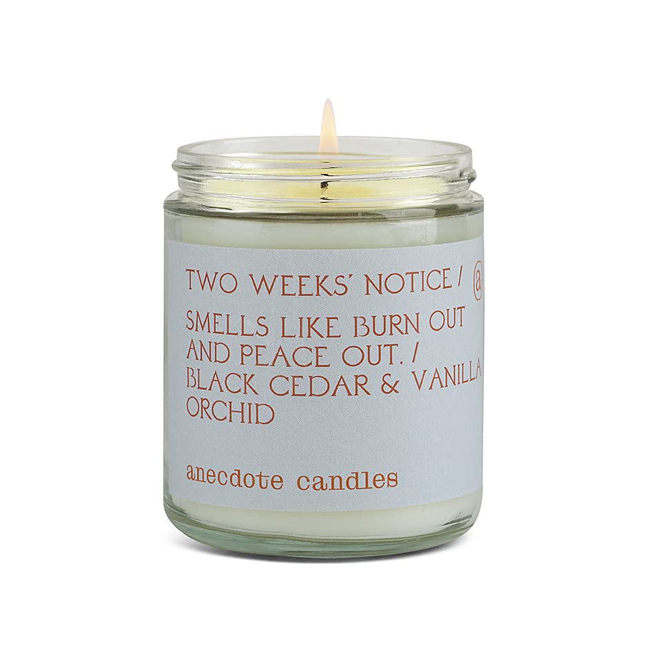 Anecdote Candles -Two Weeks Notice Glass Jar Candle - Black Cedar and Vanilla Oud - Coconut Soy Wax – Funny Non Toxic Scented Decorative Candles for Women Men and Home – 7.8 Ounces