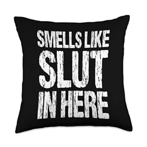 fucking awesome sexual adult apparel smells like slut in here funny sexy offensive adult humor throw pillow, 18x18, multicolor