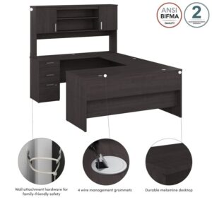 Bestar Ridgeley U Shaped Desk with Hutch in Charcoal Maple, 65W