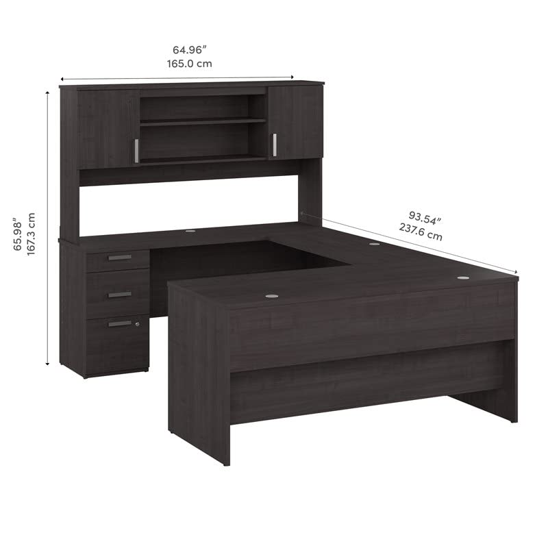 Bestar Ridgeley U Shaped Desk with Hutch in Charcoal Maple, 65W