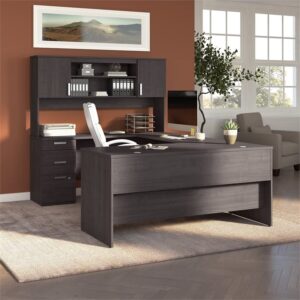 Bestar Ridgeley U Shaped Desk with Hutch in Charcoal Maple, 65W