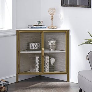 vecelo corner cabinet/table, 3-tier shelves with protection door, metal frame storage shelf organizer for small space, living room, kitchen, bathroom, set of 1, gold