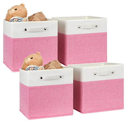 Araierd Pink Storage Cube Bins Fabric Cubes Cubby 4 Pack Storage Bins for Cube Organizing Bins 12x12 Closet Foldable Storage Cubes Decorative Bins Baskets for Organizing (White & Pink)(12”-Pack of 4)
