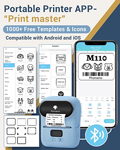 Phomemo Barcode Label Printer - M110 Label Maker Portable Bluetooth Label Maker Machine for Small Business, Barcode, Address, Logo, Clothing, Jerwery, Thermal Printer Compatible with Phones & PC, Blue