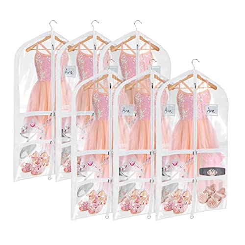 Univivi Clear PVC Dance Costume Bags (6 Pack) Garment Bag 40 Inch for Dance Competitions, with 4 Medium Clear Zipper Pockets and 1 Large Back Zippered Pocket [Upgraded Version] (40'' x 24'' 6 Pack)