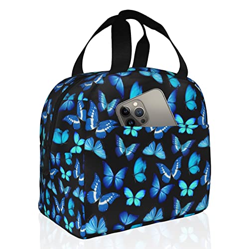 Insulated Black Lunch Bag Box for Women with Blue Butterfly Print Cute Lunch Cooler Thermal Waterproof Reusable Tote Bag with Big Pocket for Work Office Picnic College