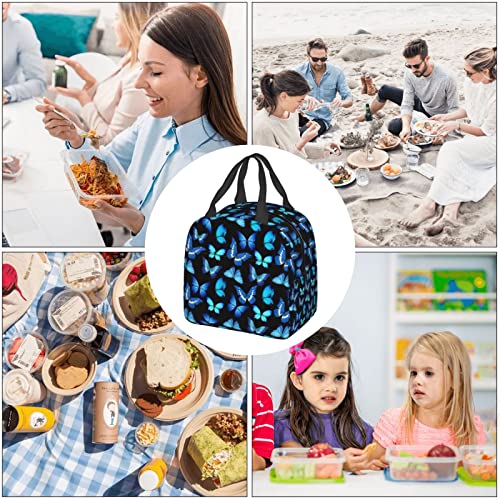 Insulated Black Lunch Bag Box for Women with Blue Butterfly Print Cute Lunch Cooler Thermal Waterproof Reusable Tote Bag with Big Pocket for Work Office Picnic College