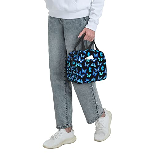 Insulated Black Lunch Bag Box for Women with Blue Butterfly Print Cute Lunch Cooler Thermal Waterproof Reusable Tote Bag with Big Pocket for Work Office Picnic College