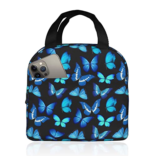 Insulated Black Lunch Bag Box for Women with Blue Butterfly Print Cute Lunch Cooler Thermal Waterproof Reusable Tote Bag with Big Pocket for Work Office Picnic College