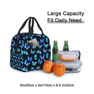 Insulated Black Lunch Bag Box for Women with Blue Butterfly Print Cute Lunch Cooler Thermal Waterproof Reusable Tote Bag with Big Pocket for Work Office Picnic College