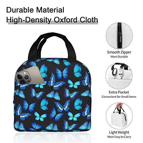 Insulated Black Lunch Bag Box for Women with Blue Butterfly Print Cute Lunch Cooler Thermal Waterproof Reusable Tote Bag with Big Pocket for Work Office Picnic College
