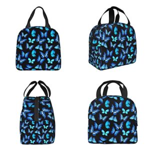 Insulated Black Lunch Bag Box for Women with Blue Butterfly Print Cute Lunch Cooler Thermal Waterproof Reusable Tote Bag with Big Pocket for Work Office Picnic College