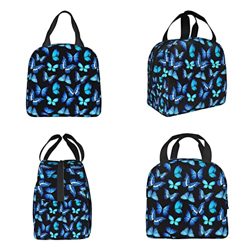 Insulated Black Lunch Bag Box for Women with Blue Butterfly Print Cute Lunch Cooler Thermal Waterproof Reusable Tote Bag with Big Pocket for Work Office Picnic College