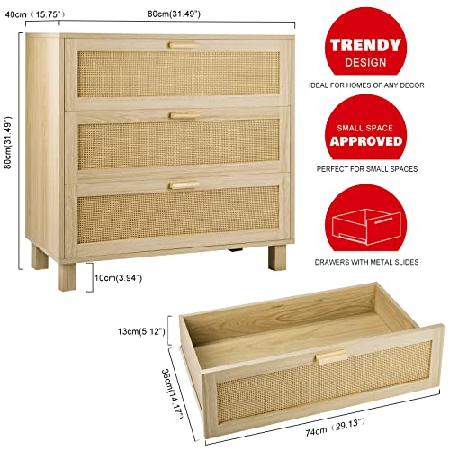 Graficial 3 Drawer Dresser, Rattan Chest of Drawers, Closet Storage Bedside Table Dresser for Bedroom