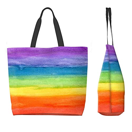 YUMQSEOS Kitchen Reusable Grocery Bags Large Tote Bag Reusable Casual Handbag for Lunch Travel Shopping - Colorful Striped Rainbow