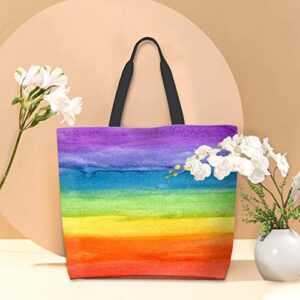 YUMQSEOS Kitchen Reusable Grocery Bags Large Tote Bag Reusable Casual Handbag for Lunch Travel Shopping - Colorful Striped Rainbow