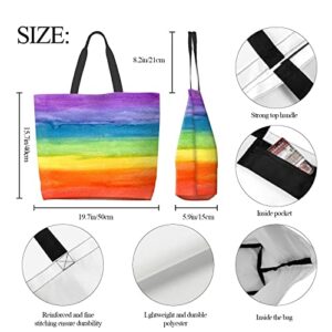 YUMQSEOS Kitchen Reusable Grocery Bags Large Tote Bag Reusable Casual Handbag for Lunch Travel Shopping - Colorful Striped Rainbow