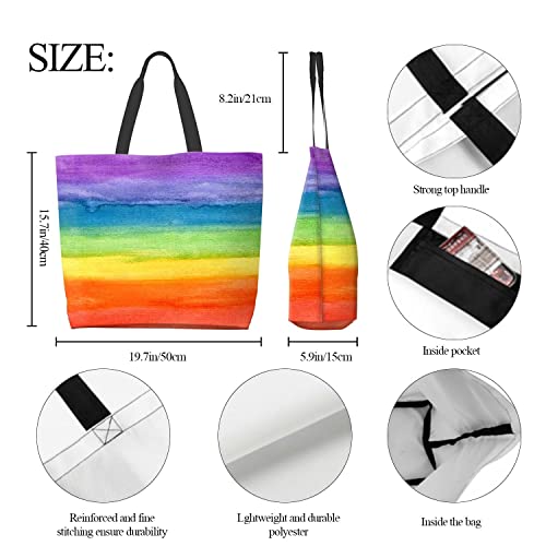 YUMQSEOS Kitchen Reusable Grocery Bags Large Tote Bag Reusable Casual Handbag for Lunch Travel Shopping - Colorful Striped Rainbow