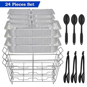 ROVSUN Chafing Dish Buffet Set Disposable, Buffet Servers and Warmers, Food Warmer for Parties Buffets, 24 Pieces Catering Set, Includes Full-Size Wire Chafer Stand, Disposable Pans & Utensils