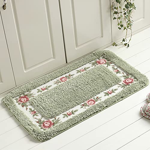 FAONIE Pretty Floral Rural Style Romantic Rose Flower Rug Shaggy Area Rugs Soft Non-Slip Doormat Floor Mat Bath Mat Bathroom Shower Rug Bedroom Living Room Carpet (Light Green, M)