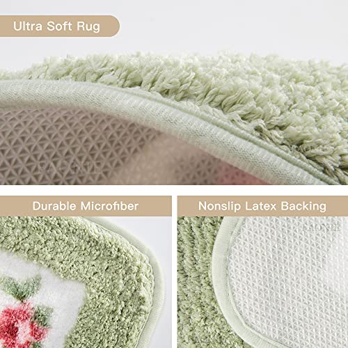 FAONIE Pretty Floral Rural Style Romantic Rose Flower Rug Shaggy Area Rugs Soft Non-Slip Doormat Floor Mat Bath Mat Bathroom Shower Rug Bedroom Living Room Carpet (Light Green, M)