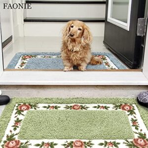 FAONIE Pretty Floral Rural Style Romantic Rose Flower Rug Shaggy Area Rugs Soft Non-Slip Doormat Floor Mat Bath Mat Bathroom Shower Rug Bedroom Living Room Carpet (Light Green, M)