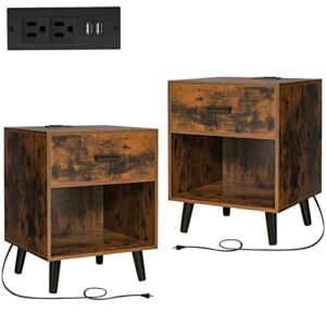 quimoo nightstand set of 2 with charging station. bedside table with 1 drawer and 1 open storage space for bedroom, rustic brown