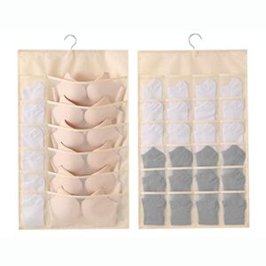 bra organizer for closet with mesh pockets & rotating metal hanger, dual sided wall shelf wardrobe storage bags pockets,space saver bag for socks underwear underpants,beige(12+24 grids)