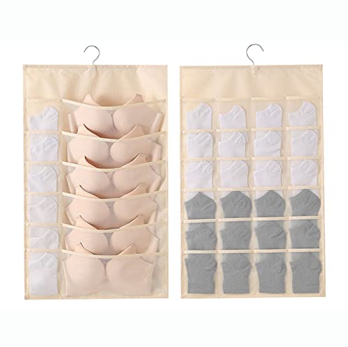 Bra Organizer for Closet with Mesh Pockets & Rotating Metal Hanger, Dual Sided Wall Shelf Wardrobe Storage Bags Pockets,Space Saver Bag for Socks Underwear Underpants,Beige(12+24 Grids)