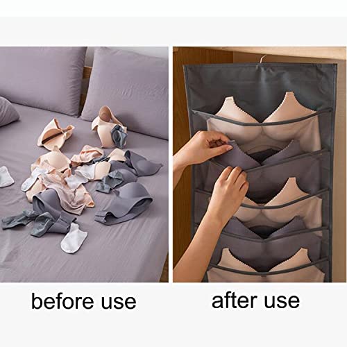 Bra Organizer for Closet with Mesh Pockets & Rotating Metal Hanger, Dual Sided Wall Shelf Wardrobe Storage Bags Pockets,Space Saver Bag for Socks Underwear Underpants,Beige(12+24 Grids)