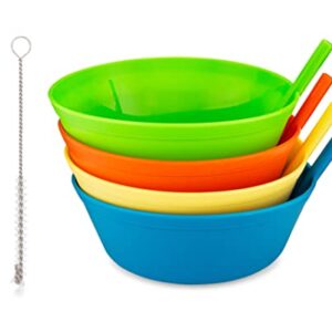 Quiet Book Club Cereal Bowls with Straws for Kids Bowls with Straw for Cereal Childrens Bowls with Straw Built in for Kids Plastic Straw Bowls for Toddlers Dishwasher Safe BPA FREE Boys (4)