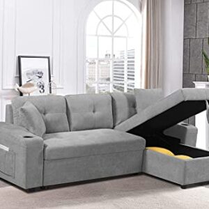 GAOPAN Modern Linen Sectional Sleeper Sofa Bed Convertible L-Shape Couch with Storage Chaise Lounge,Side Pockets,Cup Holders,2 Pillows for Living Room Apartment Furniture, Light Gray