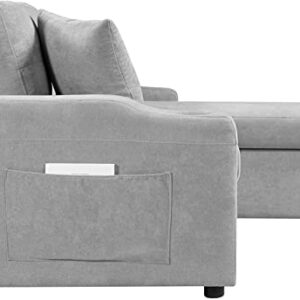 GAOPAN Modern Linen Sectional Sleeper Sofa Bed Convertible L-Shape Couch with Storage Chaise Lounge,Side Pockets,Cup Holders,2 Pillows for Living Room Apartment Furniture, Light Gray