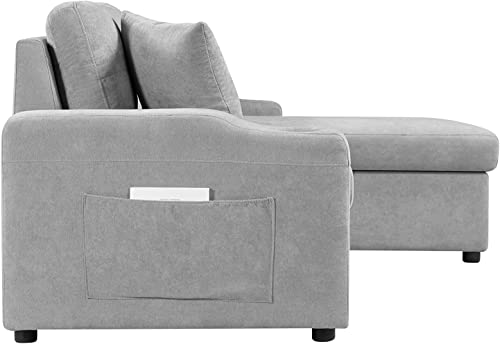 GAOPAN Modern Linen Sectional Sleeper Sofa Bed Convertible L-Shape Couch with Storage Chaise Lounge,Side Pockets,Cup Holders,2 Pillows for Living Room Apartment Furniture, Light Gray