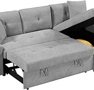 GAOPAN Modern Linen Sectional Sleeper Sofa Bed Convertible L-Shape Couch with Storage Chaise Lounge,Side Pockets,Cup Holders,2 Pillows for Living Room Apartment Furniture, Light Gray