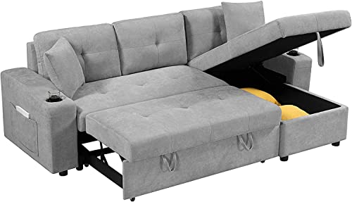 GAOPAN Modern Linen Sectional Sleeper Sofa Bed Convertible L-Shape Couch with Storage Chaise Lounge,Side Pockets,Cup Holders,2 Pillows for Living Room Apartment Furniture, Light Gray