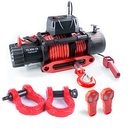 RUGCEL GRIPWAY 13500lb Waterproof Electric Black Synthetic Rope Winch with Hawse Fairlead, Wired Handle and 2 Wireless Remote