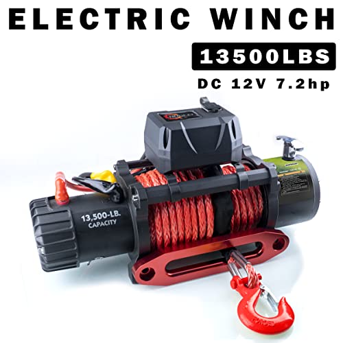 RUGCEL GRIPWAY 13500lb Waterproof Electric Black Synthetic Rope Winch with Hawse Fairlead, Wired Handle and 2 Wireless Remote