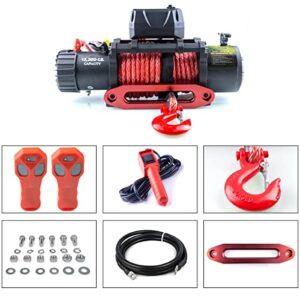 RUGCEL GRIPWAY 13500lb Waterproof Electric Black Synthetic Rope Winch with Hawse Fairlead, Wired Handle and 2 Wireless Remote