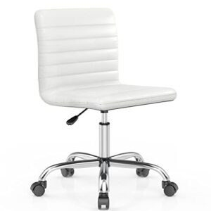 smug desk chair, armless office chair leather swivel task chair mid back ribbed home office white desk chair for adult child, vanity chair