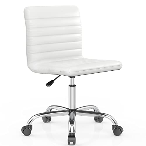 SMUG Desk Chair, Armless Office Chair Leather Swivel Task Chair Mid Back Ribbed Home Office White Desk Chair for Adult Child, Vanity Chair