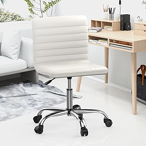 SMUG Desk Chair, Armless Office Chair Leather Swivel Task Chair Mid Back Ribbed Home Office White Desk Chair for Adult Child, Vanity Chair