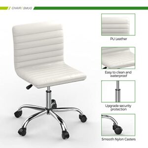 SMUG Desk Chair, Armless Office Chair Leather Swivel Task Chair Mid Back Ribbed Home Office White Desk Chair for Adult Child, Vanity Chair