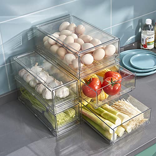 Buildec Fridge Organizer Bin, Pull-Out Refrigerator Drawer Stackable Clear Organizer Freezer Organization Container for Kitchen & Pantry Extra Large