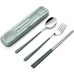 devico portable utensils, travel reusable silverware flatware set for lunch, 18/8 stainless steel 4-piece camping cutlery include fork spoon chopsticks with case (green)