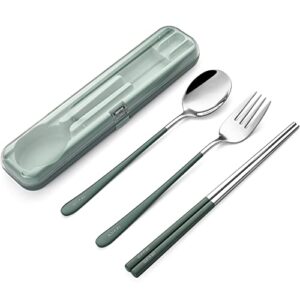 DEVICO Portable Utensils, Travel Reusable Silverware Flatware Set for Lunch, 18/8 Stainless Steel 4-Piece Camping Cutlery Include Fork Spoon Chopsticks with Case (Green)