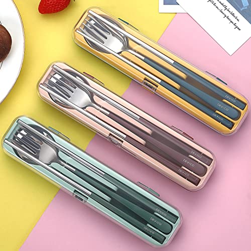 DEVICO Portable Utensils, Travel Reusable Silverware Flatware Set for Lunch, 18/8 Stainless Steel 4-Piece Camping Cutlery Include Fork Spoon Chopsticks with Case (Green)
